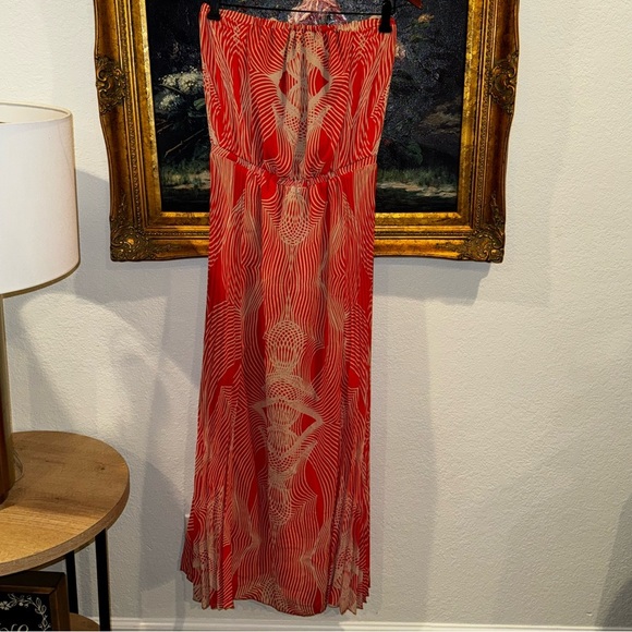 Leifsdottir Anthropologie Orange Optic Graphic Print Pleated Strapless Dress 6 - Picture 1 of 9